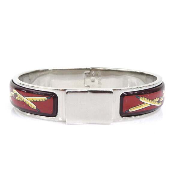 Hermes Hermès Click-Clack Metal Enamel Bangle Bracelet in Silver Burgundy a...